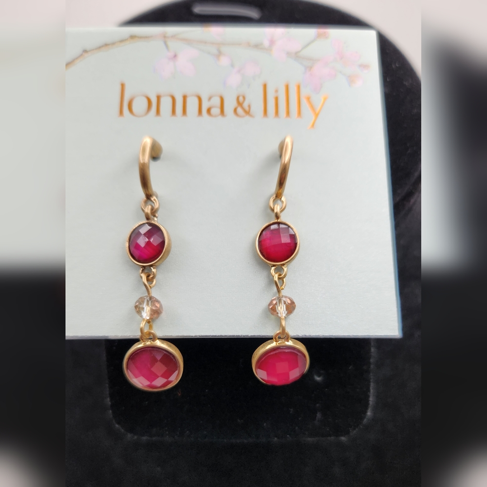 lonna & lilly Gold Tone Crystal Double Drop Pink Stone Earrings
